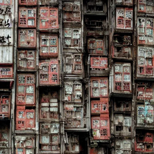 Prompt: Kowloon walled city close-up