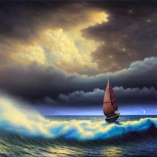 Prompt: a real photographic landscape painting with incomparable reality, super wide, ominous sky, sailing boat, wooden boat, lotus, huge waves, starry night, harry potter, volumetric lighting, clearing, realistic, art by james gurney, artstation - h 1 0 2 4