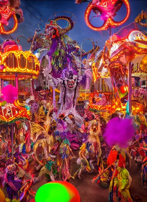 Image similar to professional photography, octane render, beautiful aesthetic whimsical horror, carnival, fools and jesters performing at a carnival, high-resolution, extreme detail, beautiful colorful lights