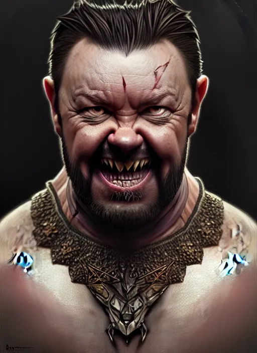 Image similar to portrait of ricky gervais as an orc, d & d, muscular! fantasy, intricate, elegant, highly detailed, digital painting, artstation, concept art, smooth, sharp focus, illustration, art by artgerm and greg rutkowski and alphonse mucha