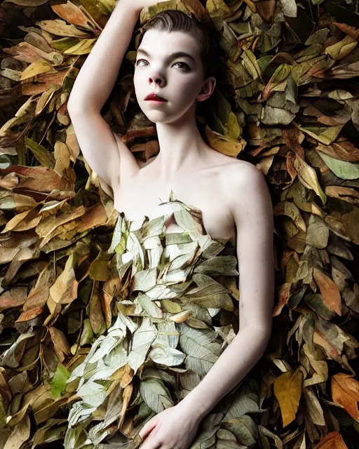 Prompt: gorgeous anya taylor - joy wearing a risque outfit made from leaves, half body portrait, greg kutkowski, sharp details, soft lighting, subsurface scattering, pearls of sweat, glistening skin, warm lighting