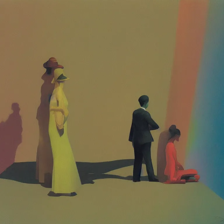 Image similar to portrait rainbow people, Edward Hopper and James Gilleard, Zdzislaw Beksinski, highly detailed