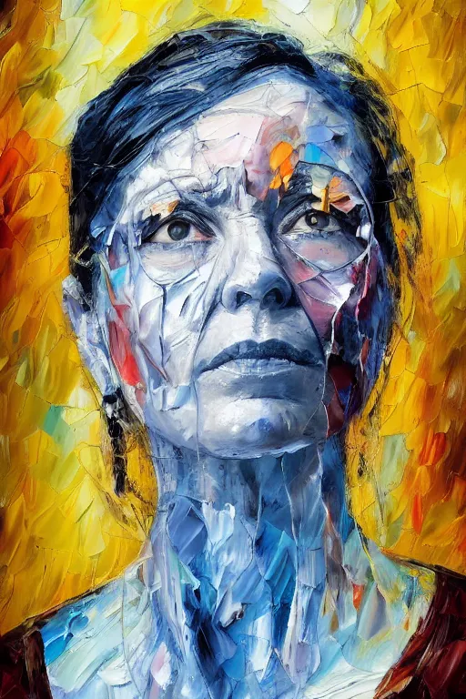 Image similar to palette knife oil painting portrait dr krystal knight, woman, late 4 0 s, eyes filled with icy hate, extreme detail, artstation trending, ice, cold, freezing, blue, artgerm, any racial background, deviant art, octane, substance, art history 8 k