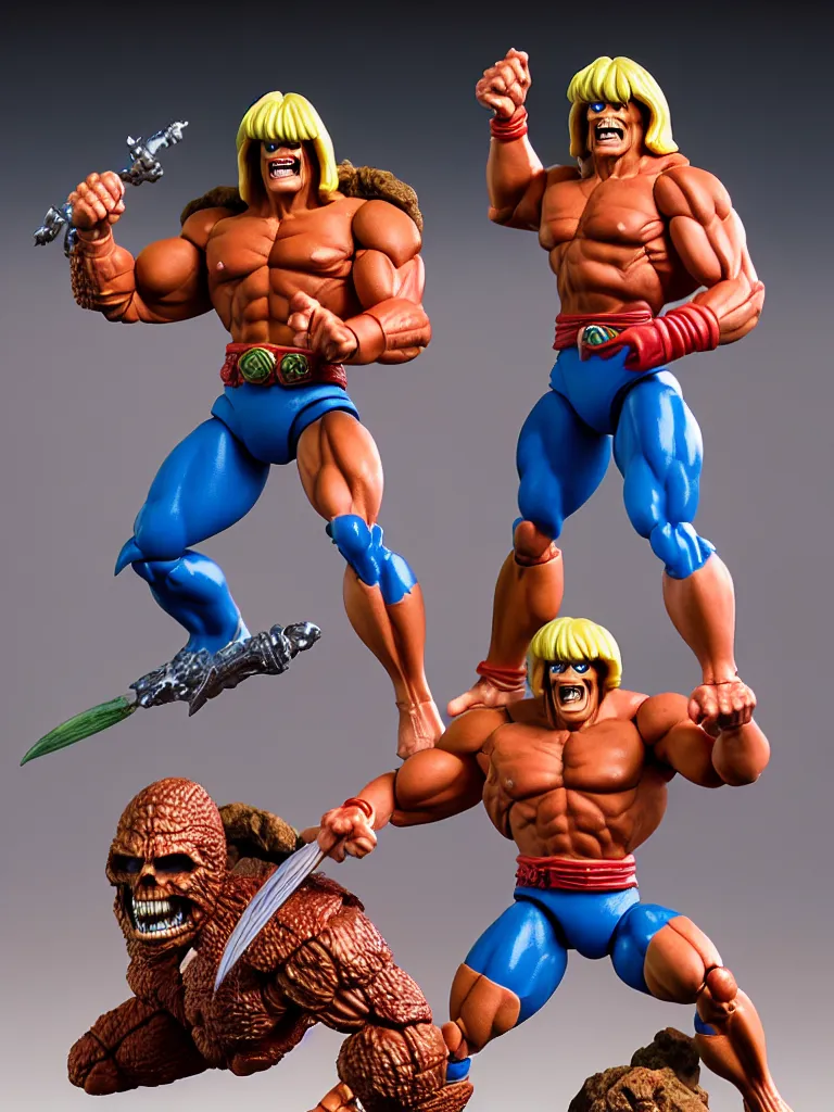 Image similar to hyperrealistic rendering, he - man by art of skinner and richard corben and jeff easley, product photography, action figure, sofubi, studio lighting, colored gels