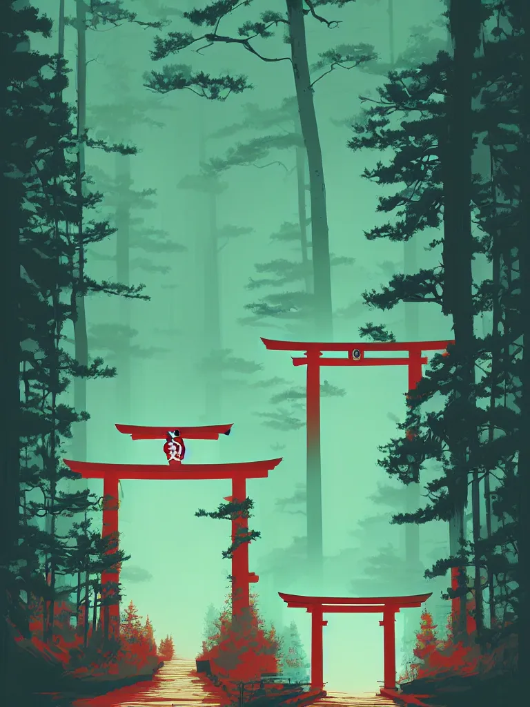 Prompt: a poster depicting a japanese torii gate in a forest, vintage style, detailed illustration, digital painting, vector art, trending on artstration, by anton fadeev, by alena aenami