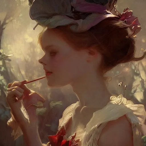 Image similar to alice in wonderland, dramatic lighting, high detail, painted, by greg rutkowski, painted by stanley artgerm, painted by alphonse mucha, trending on artstation