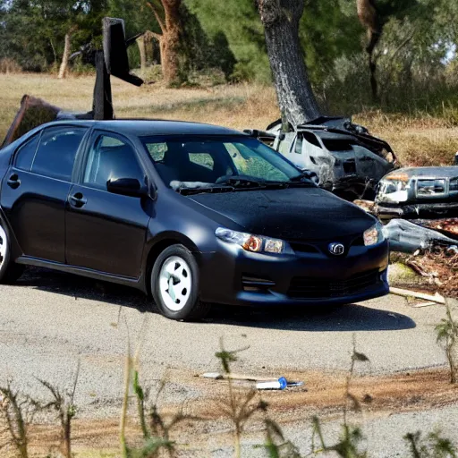 Prompt: black 2011 toyota Corolla SE in a wreck