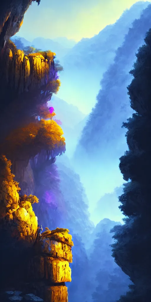 Prompt: Gorge in the mountain, white stone temple ruins, night dramatic lighting, blue, yellow and purple tones, wide camera angle, matte painting, trending on ArtStation, concept art, delightful surroundings, high detail, sharp contrast, picturesque