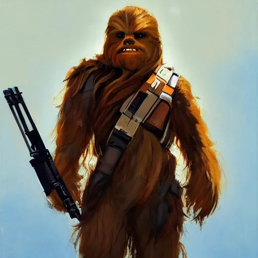 Image similar to greg manchess portrait painting of chewbacca as overwatch character, medium shot, asymmetrical, profile picture, organic painting, sunny day, matte painting, bold shapes, hard edges, street art, trending on artstation, by huang guangjian and gil elvgren and sachin teng