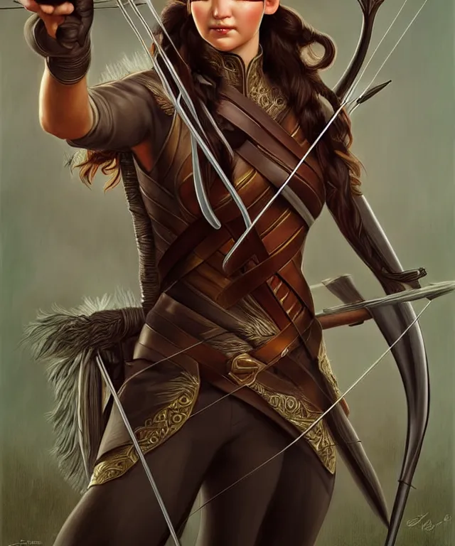 Image similar to katniss as a strong powerful angry fantasy elf with a bow and arrow, portrait, fantasy, intricate, elegant, highly detailed, digital painting, artstation, concept art, smooth, sharp focus, illustration, art by artgerm and larry elmore and alphonse mucha