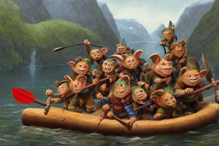 Image similar to a group of goblins paddling on a raft in a norwegian fjord by justin gerard by tyler edlin