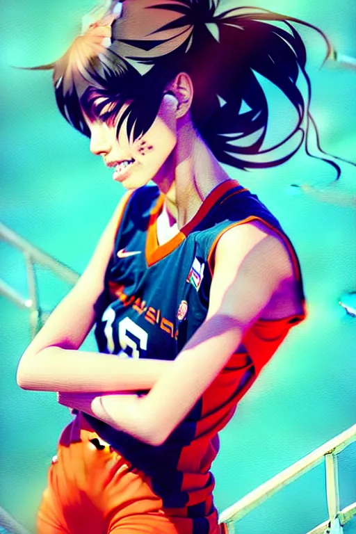 Image similar to a ultradetailed beautiful panting of a stylish girl in a basketball jersey, by conrad roset, greg rutkowski and makoto shinkai, trending on artstation