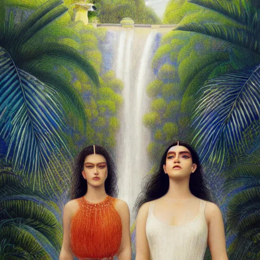 Image similar to a ultradetailed beautiful painting of lorde, frank ocean, the weeknd and lana del rey standing in front of the diamonds waterfall in the amazonas palace balustrade designed by jules bastien - lepage, tarsila do amaral, frank weston and gustave baumann, beach, trending on artstation, mediterranean, palm trees, sharp focus, soft light, 8 k 4 k