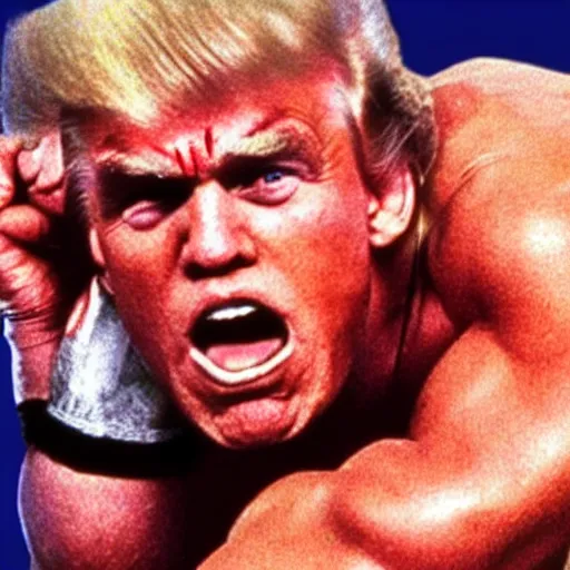 Prompt: the ultimate warrior does a suplex on donald trump, WWE, 1990s, VHS