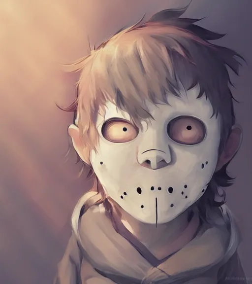 Image similar to beautiful little boy anime character inspired by jason voorhees, art by rossdraws, wlop, ilya kuvshinov, artgem lau, sakimichan and makoto shinkai, concept art, anatomically correct, extremely coherent, realistic, mask, smooth, hd, 8 0 s haircut