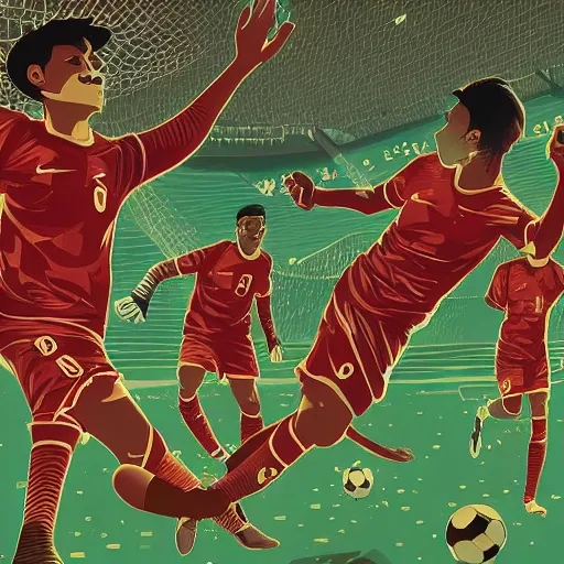 Image similar to illustration of soccer emotions, by Victo Ngai and James Gilleard and Bruce Pennington