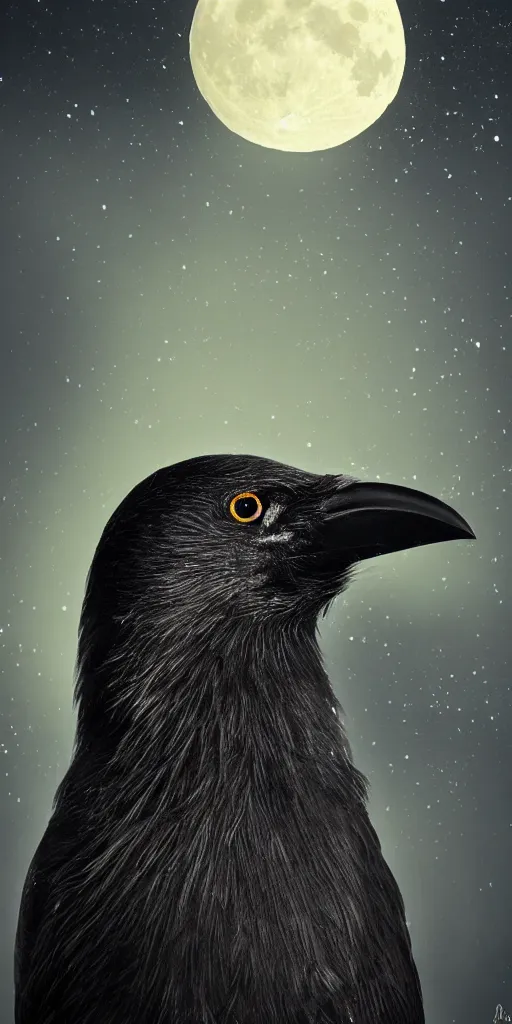 Image similar to close up portrait of one crow in front of the full big moon, fantasy digital art, high definition, 8k, high details, high quality, golden and silver colors, glowing lights in the background