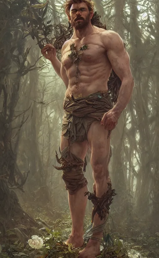 Image similar to god of the forest, rugged, handsome, male, detailed face, clean lines, atmospheric lighting, amazing, full body, thighs, flowers, muscular, intricate, highly detailed, digital painting, deviantart, concept art, sharp focus, illustration, art by greg rutkowski and alphonse mucha