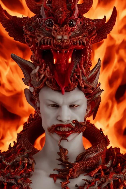 Prompt: a closeup portrait photo, alabaster and ruby real delicate ceramic porcelain sculpture of an ornate detailed humanoid dragon demon devil god in front of an intricate background by rafael, micro detail, backlit lighting, subsurface scattering, translucent, thin porcelain, fire, flames, amber, octane renderer, colorful, physically based rendering, trending on cgsociety