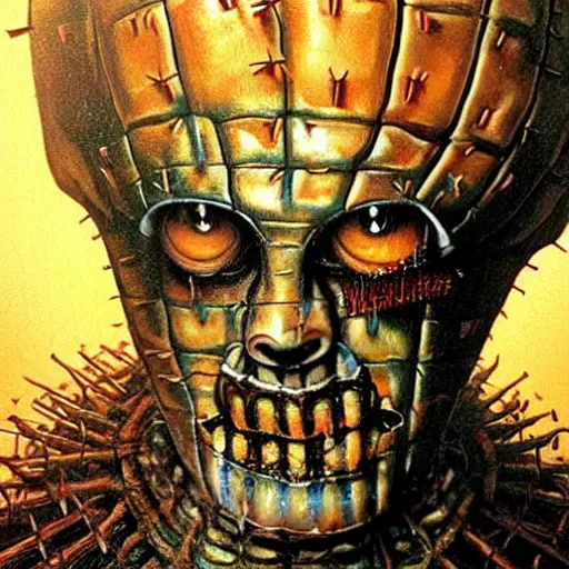 Prompt: portrait of pinhead from hellraiser being eaten by a giant hamburger. painting by karol bak, greg hildebrandt, and mark brooks, hauntingly surreal, gothic, horrifying fear