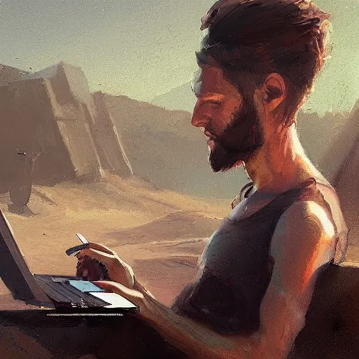 Image similar to concept art of man working on laptop at sunny beach, perfect face, fine details, by greg rutkowski