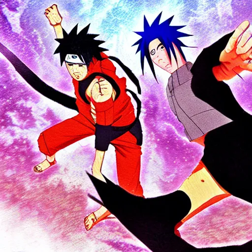 Prompt: naruto fighting sasuke final battle