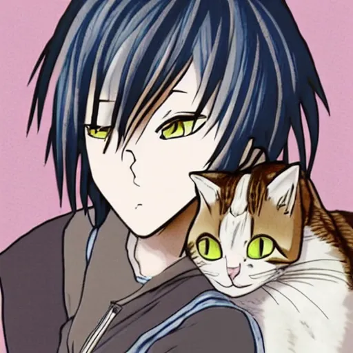 Image similar to grumpy anime boy with black hair glares at tabby cat perched on his shoulder, highly detailed, high definition, anime style
