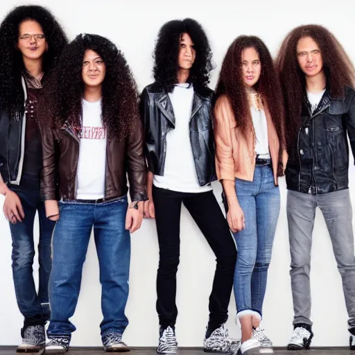 Image similar to Group of ethnically diverse 19-year-old boys and girls with long permed wavy brown hair and afros leather jacket and denim jeans, holding electric guitars, 2022, stoner rock, heavy rock, HD photography