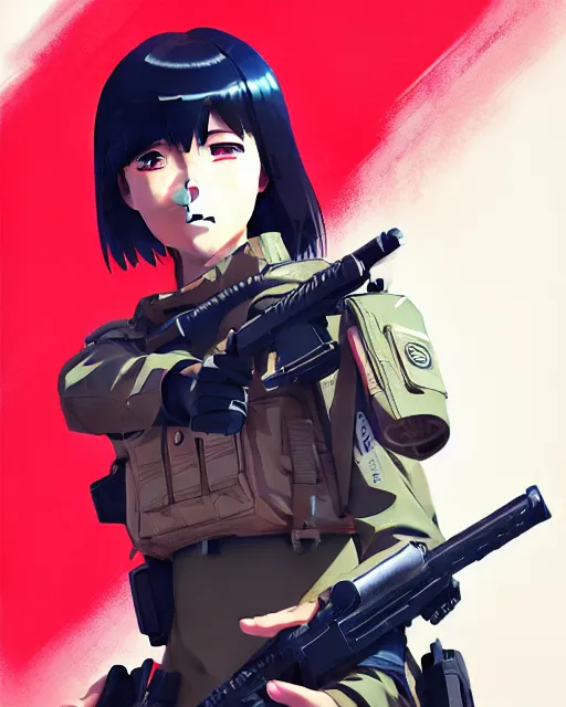 Image similar to girl wearing tactical gear, very anime, fine - face, audrey plaza, realistic shaded perfect face, fine details. anime. realistic shaded lighting poster by ilya kuvshinov katsuhiro otomo ghost - in - the - shell, magali villeneuve, artgerm, jeremy lipkin and michael garmash and rob rey