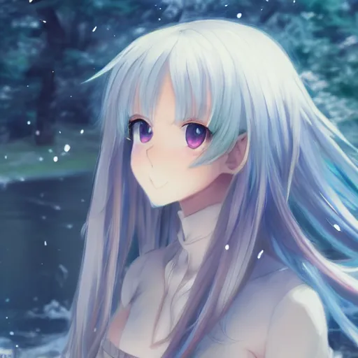 Image similar to a very beautiful anime elf girl, full body, long straight silver hair, happy, sky blue eyes, full round face, short smile, casual clothes, ice snowy lake setting, cinematic lightning, medium shot, mid-shot, highly detailed, trending on Artstation, Unreal Engine 4k, cinematic wallpaper by Stanley Artgerm Lau, WLOP, Rossdraws, James Jean, Andrei Riabovitchev, Marc Simonetti, and Sakimichan