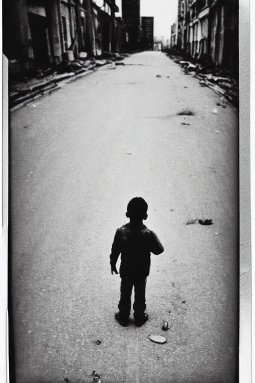 Prompt: photo polaroid of a sad and lonely child in the middle of a road of a city devastated by bombs , has a gun in his hand, loneliness,war, black and white ,photorealistic, 35mm film,