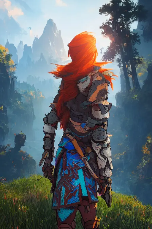 Image similar to combination suit armor aloy horizon forbidden west horizon zero dawn radiating a glowing aura global illumination ray tracing hdr fanart arstation by ian pesty and alena aenami artworks in 4 k tribal robot ninja mask helmet backpack