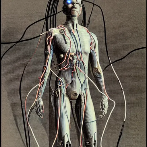 Image similar to a cyborg with wires and cables Bursting out of them painfully concept art by syd mead and Zdzisław Beksiński