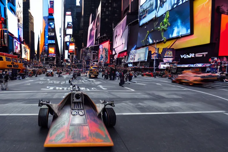 Image similar to Cinematography of a star wars pod racing in times square in new york by Emmanuek Lubensky. Sebulba pod. Anakin skywalker pod