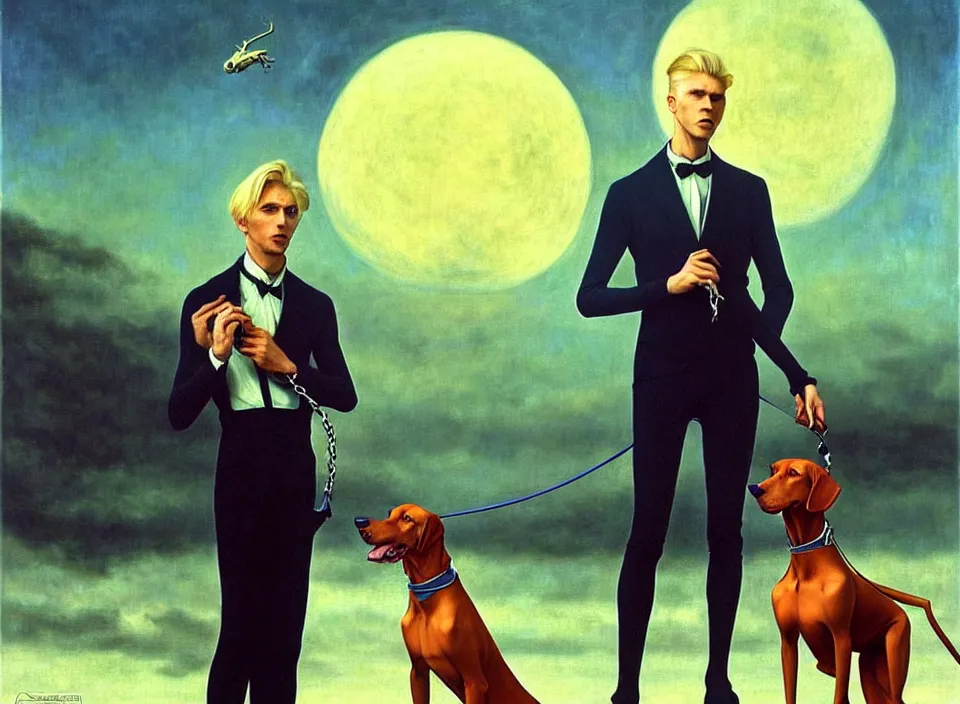 Image similar to realistic detailed portrait movie shot of an elegant blond male vampire with a doberman on a leash, sci fi landscape background by denis villeneuve, amano, yves tanguy, alphonse mucha, max ernst, caravaggio, roger dean, masterpiece, rich moody colours, dog teeth, blue eyes