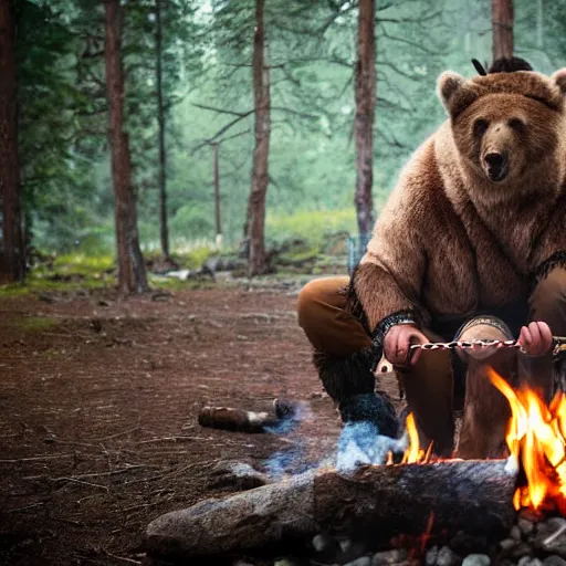 Prompt: viking in bear skin, around a campfire, photo