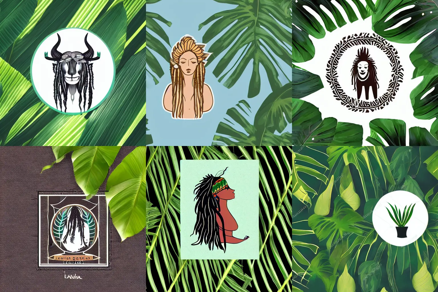 Prompt: logo in boho style, lama with dreadlocks, monstera