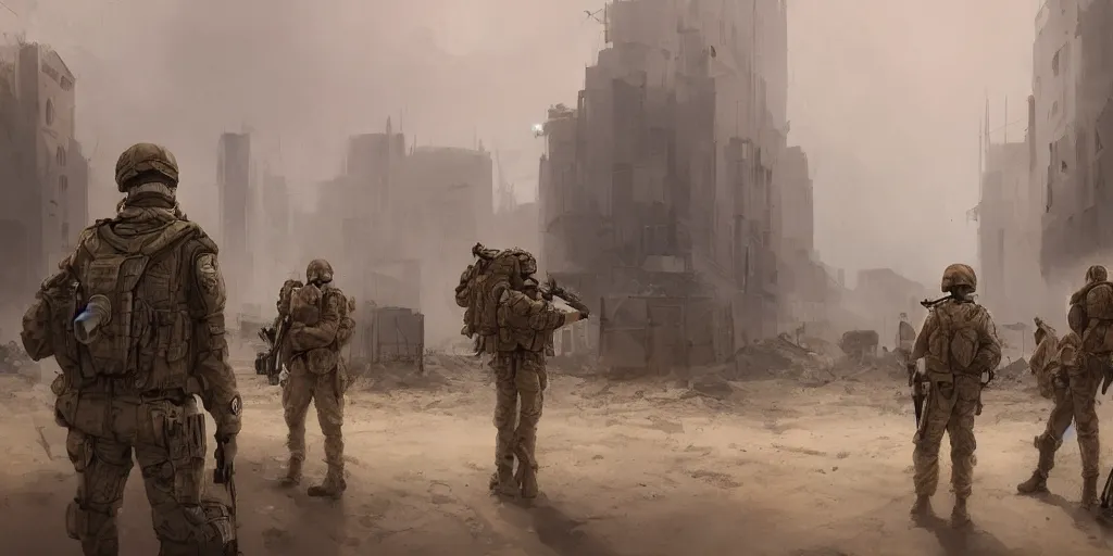 Image similar to private military company operatives standing outside immigration check point with severe sand storm across the sky, cinematic, realistic, detailed, intricate, digital art, ambient lighting, by jordan grimmer, pop art style, 3 5 mm film grain, artstation