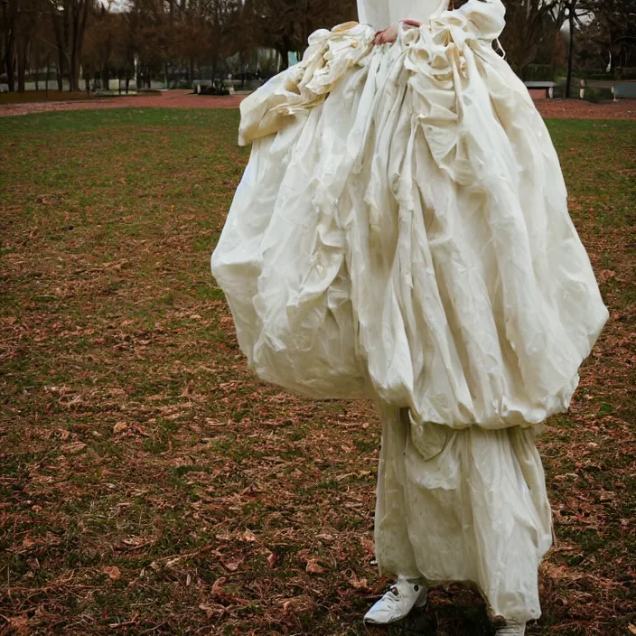 Prompt: a closeup portrait of a woman wearing a dress made of ribbon and roots, standing in an empty park, color photograph, by vincent desiderio, canon eos c 3 0 0, ƒ 1. 8, 3 5 mm, 8 k, medium - format print