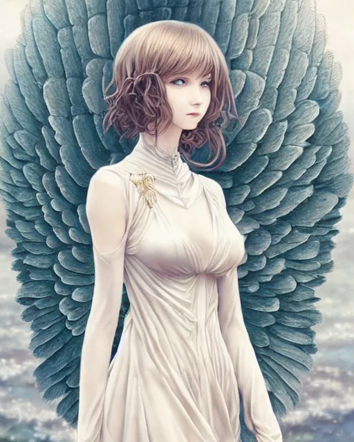 Image similar to an infinitely detailed portrait of a frail and pale female peace angel fully clothed. elegant clothes full - body, beautiful! scenery art!! coherent! by wlop & murata range, by ilya kuvshinov. victorian armor. artstation!! / pixiv!! elegantly armored angel portrait full - body, dreamy art