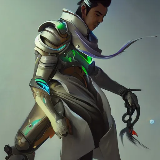Image similar to Genji from Overwatch , highly detailed, digital painting, artstation, concept art, sharp focus, illustration, art by greg rutkowski and alphonse mucha