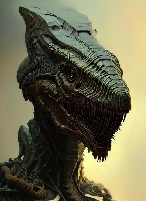 Image similar to organic cyborg, dinosaur mask, diffuse lighting, fantasy, intricate, elegant, highly detailed, lifelike, photorealistic, digital painting, artstation, illustration, concept art, smooth, sharp focus, art by John Collier and Albert Aublet and Krenz Cushart and Artem Demura and Alphonse Mucha