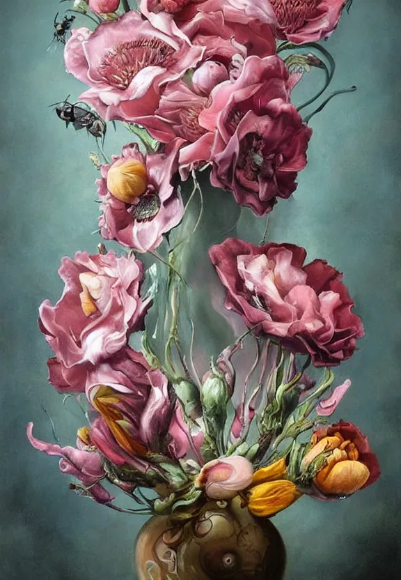 Image similar to a biomorphic painting of a vase with flowers and eyeballs in it, a surrealist painting by marco mazzoni, by dorothea tanning, pastel blues and pinks, featured on artstation, metaphysical painting, oil on canvas, fluid acrylic pour art, airbrush art, bees, seapunk, rococo, lovecraftian