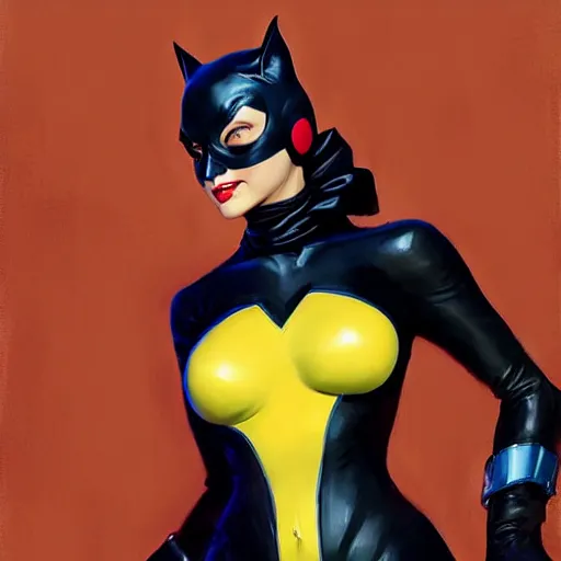 Image similar to Greg Manchess portrait painting of Catwoman as Overwatch character, medium shot, asymmetrical, profile picture, Organic Painting, sunny day, Matte Painting, bold shapes, hard edges, street art, trending on artstation, by Huang Guangjian and Gil Elvgren and Sachin Teng