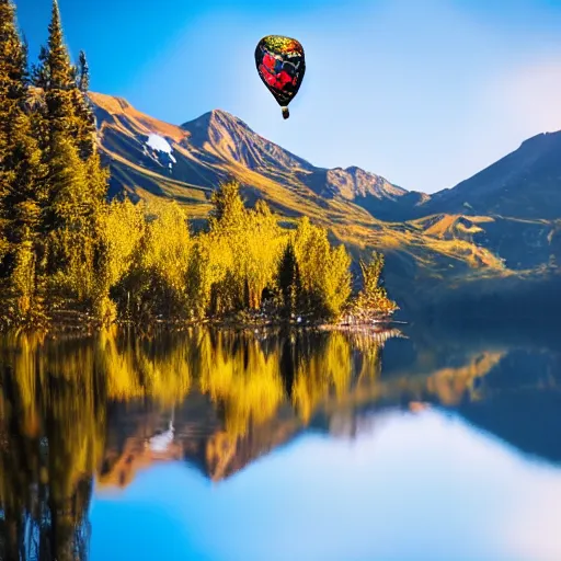 Image similar to photo of two black swans swimming in a beautiful reflective mountain lake, touching heads, forming a heart with their necks, a colorful hot air balloon is flying above the swans, hot air balloon, intricate, 8k highly professionally detailed, HDR, CGsociety