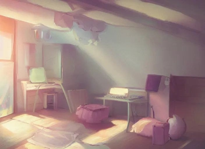 Prompt: placid pastel morning cute cluttered painterly fluffy tiny cramped dusty attic, slanted ceiling, tiny space, particulate, trending on pixiv