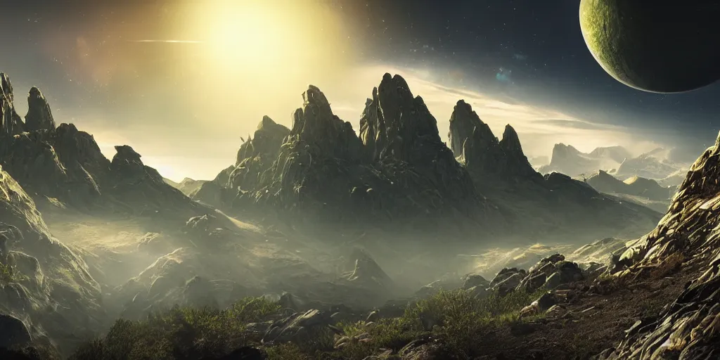 Prompt: alien environment with epic mountains and cliffs and planets in the sky by james clyne, epic lighting, cinematographic, 8 k, award winning, ultra detailed