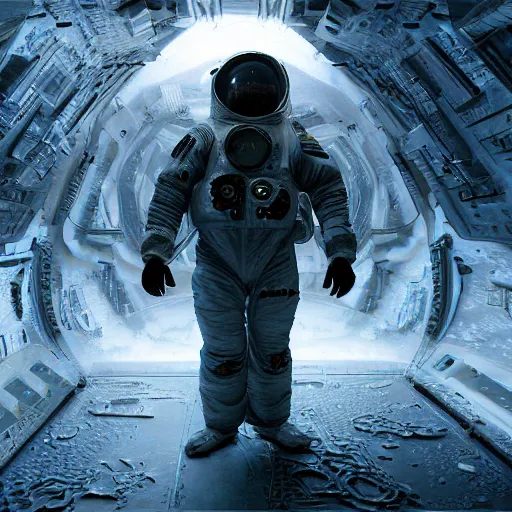 Image similar to concept art by craig mullins astronaut in futuristic dark and empty spaceship. infrared complex and hyperdetailed technical suit design. mandelbulb fractal. reflection and dispersion materials rays and dispersion of light breaking through the deep water. 5 0 mm, f / 3 2. noise film photo. flash photography. unreal engine 4, octane render.