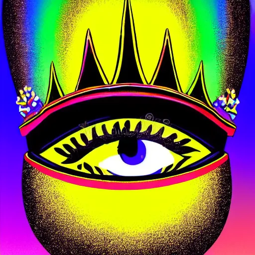 Prompt: a glowing crown sitting on a table with one beautiful eye mounted on it like a jewel, night, psychedelic, bold black lines, flat colors, minimal 1 9 6 0 ss poster illustration