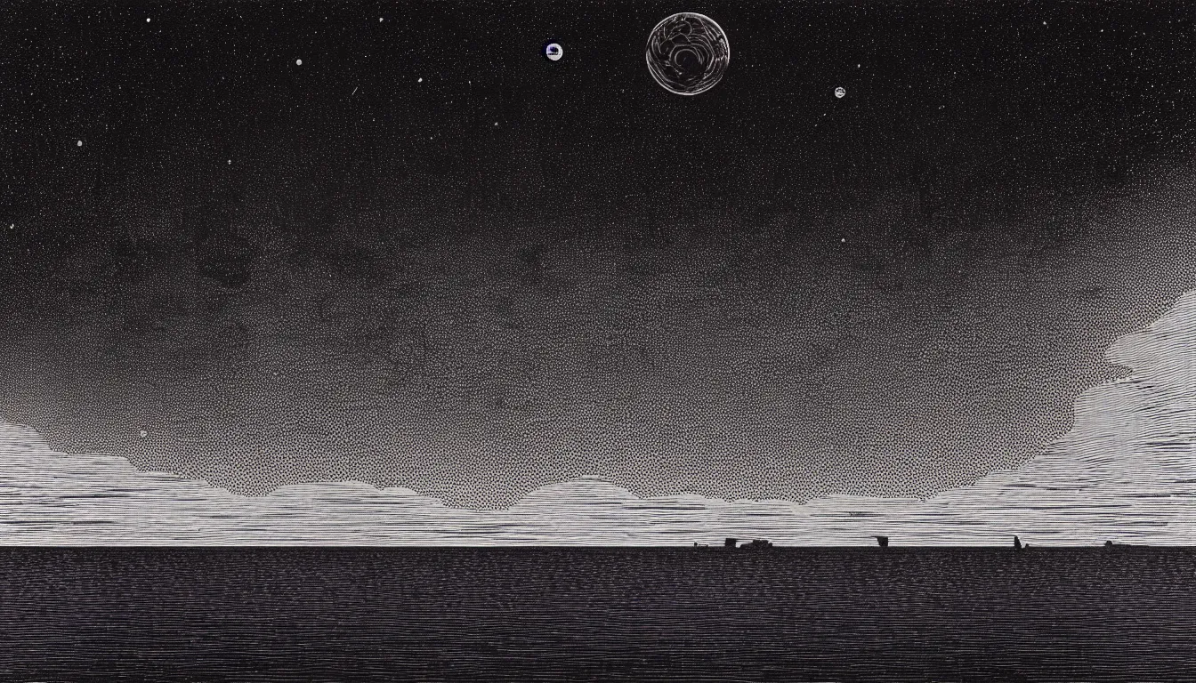 Prompt: lake with a reflection of the night sky by nicolas delort, moebius, victo ngai, josan gonzalez, kilian eng